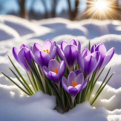 Crocuses and snowdrops on a background of snow