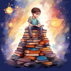 Child reading a book sitting on the top of the books.