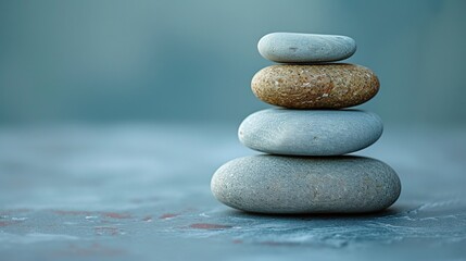 Balance and Harmony A Stack of Pebbles Resting Against a Vibrant Blue Background