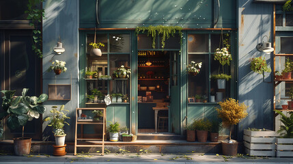 Charming small shop front on a sunny day with open door inviting in