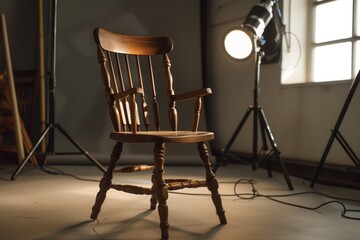 wooden chair in a photography studio with lighting equipment