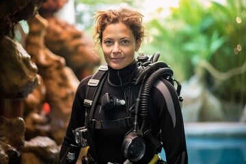 Portrait of a beautiful woman scuba diver looking at the camera