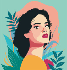 Vector abstract Memphis flat banner poster portrait of a woman in flowers and plants for Women's Day. Movements for gender equality and women's empowerment