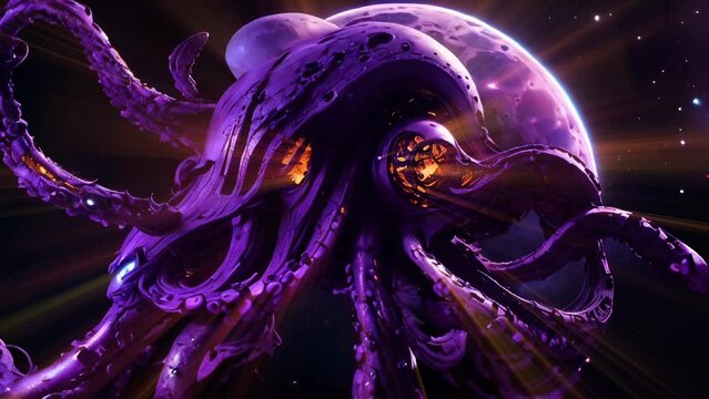 Alien cyborg octopus eye beams in space