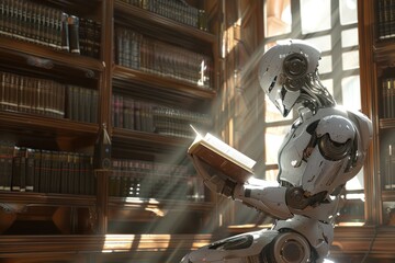 Fototapeta premium Futuristic robot embodies convergence of technology and education humanoid form marvel of cybernetic engineering delves into book symbolizing dawn of AI driven learning