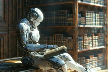 Futuristic robot embodies convergence of technology and education humanoid form marvel of cybernetic engineering delves into book symbolizing dawn of AI driven learning