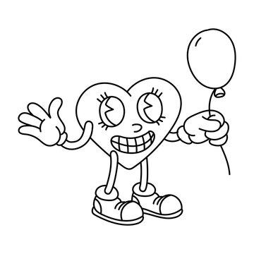A contour image of a retro heart holding a balloon in its hands. A male character in a heart-shaped retro grooves style, isolated on a white background. Vector illustration of the doodle line