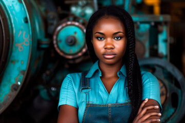 Portrait of an attractive African American woman looking at the camera against the background of industrial production. A young woman in a blue shirt.
