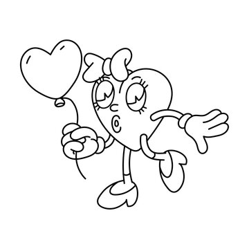 Contour image of a retro heart holding a balloon in its hands. Female character in the shape of a heart in the retro grooves style, isolated on a white background. Vector illustration the doodle line