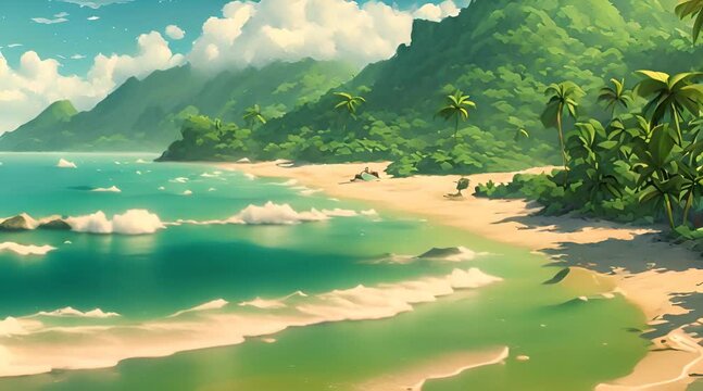 Flying over tropical blue ocean towards beautiful green mountains and white sandy beach. Video in anime style