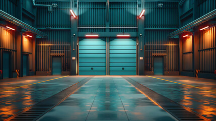 Modern warehouse with teal roller doors and industrial lighting