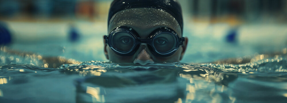 Focused swimmer at pool surface, goggles on, anticipation and determination in a competitive aquatic setting