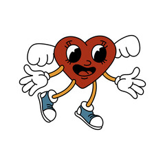 An isolated image of a retro heart with wings, with a joyful face. A male character in a heart-shaped retro grooves style, isolated on a white background. Vector Valentine's Day. Sneakers, gloves