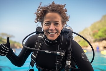 Happy female scuba diver showing thumbs up in the water with a smile