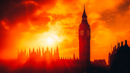 Big Ben and Westminster at sunset during London heatwave.