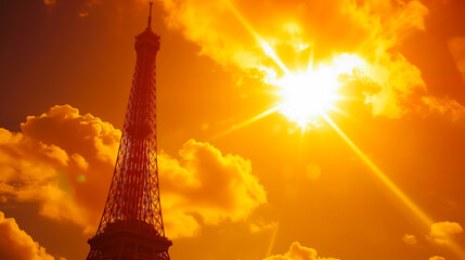 Eiffel Tower against a scorching sun, symbolizing a Paris heatwave.