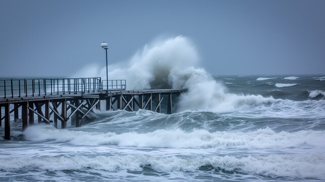 Stormy sea waves crashing against pier in extreme weather.