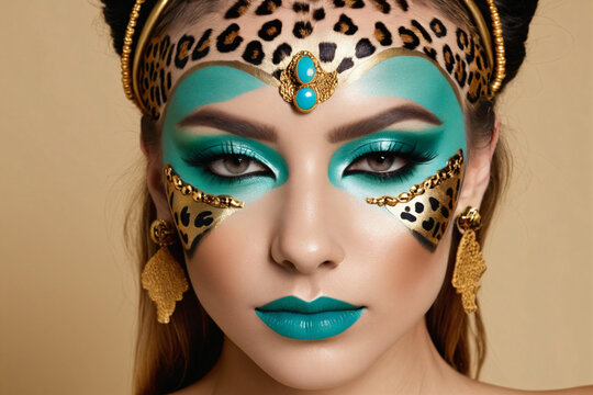 Woman's face with turquoise gold makeup, accented with leopard print and gemstone details