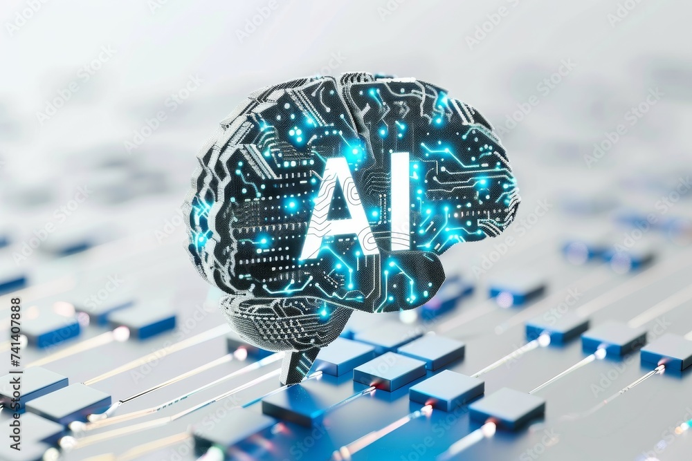 Poster ai brain chip nerves. artificial intelligence heat sink human cad tool mind circuit board. neuronal 