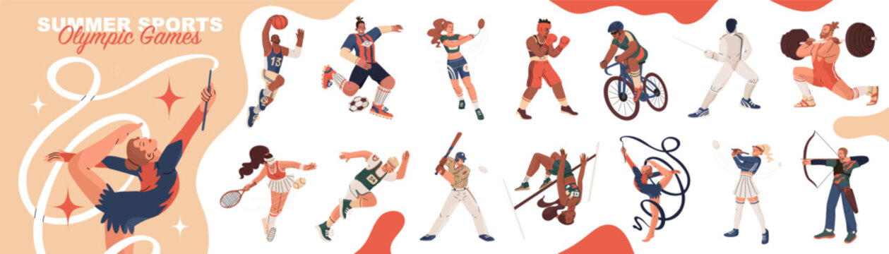 Set of 14 images of athletes. Summer Olympic sports. Strong people achieving success. Vector illustration in flat style isolated on transparent background.