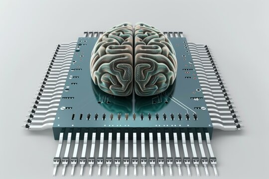 AI Brain Chip digital execution. Artificial Intelligence healthtech platform mind scalability axon. Semiconductor vector icon circuit board mental performance
