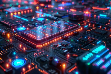 Obraz premium A detailed view of a circuit board with illuminated pathways and electronic components, symbolizing complex technology and data processing. Generative AI