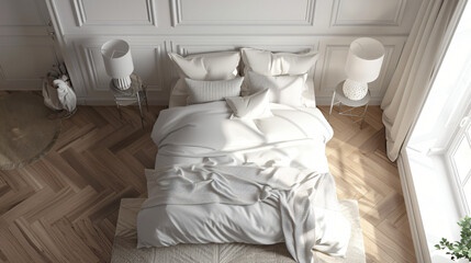 Total white project draft. Elegant bedroom.