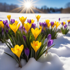 Crocuses and snowdrops on a background of snow