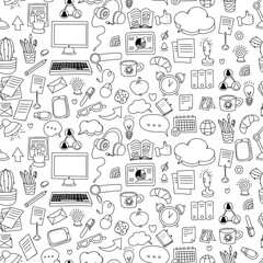 Business seamless pattern. Communications and technology, freelance work hand drawn on white background. Vector illustration in doodle style.