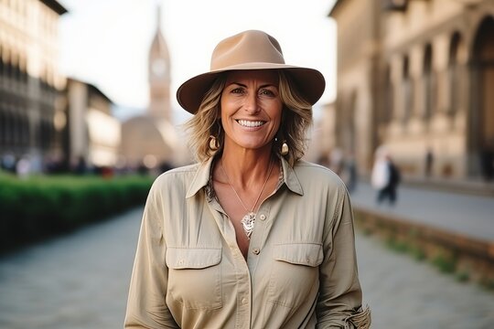 Portrait of a beautiful middle-aged woman with hat in the city