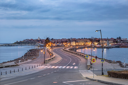  Panorama of the Old Town of Nesebar The Ancient City of Nessebar, the wooden windmill. Black Sea Coast.