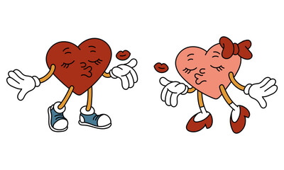 Pair of isolated retro hearts of a boy, a girl are walking towards each other. The characters are in the shape of hearts in a retro style. Vector flat illustration. Valentine's Day air kisses