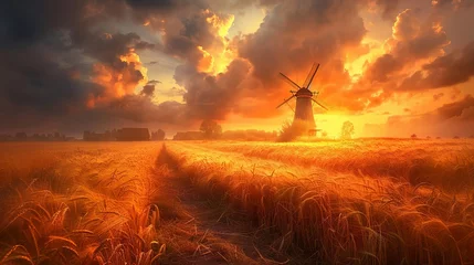 Poster Golden wheat field under a stormy sky, an old windmill in the distance © vectorizer88