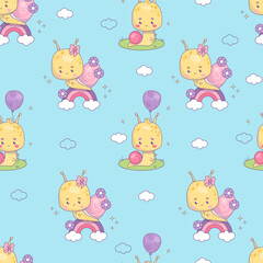 Obraz premium Seamless pattern with cute snail character. Funny kawaii insect on rainbow with balloon on blue background with clouds. Vector illustration in trendy retro style. Kids collection