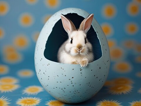 bunny in a newly hatched egg, on a blue background