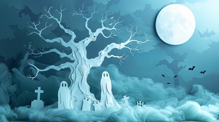 Friendly Ghosts & Twisted Tree: Playful Halloween Scene

