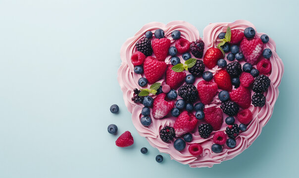 A heart shaped berries and strawberry cake / pie seen from above wallpaper, on a blue pastel background, kitchen or bakery image backdrop with copy space	
