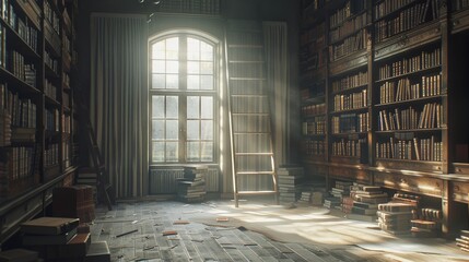 Sunlit old library with rows of books and a ladder, cozy reading nook - obrazy, fototapety, plakaty