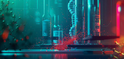 A sleek laboratory with glowing nano particles and a DNA helix, illuminated by harsh blue and red shadows, with a centered and vertical molecule image against a green background