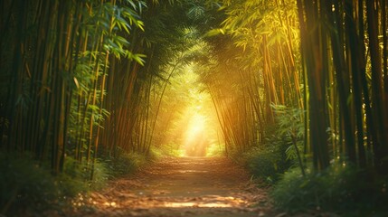 Sunlight filtering through a dense bamboo forest, path leading within - obrazy, fototapety, plakaty