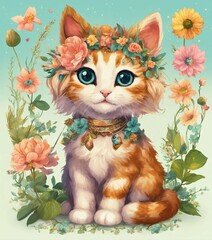 Cute kitten Clip Art, Boho Flower clipart Cat, Boho clipart PNG, fantasy cat, Fantasy art clipart,