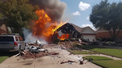 Fire in suburban country house after hurricane or earthquake