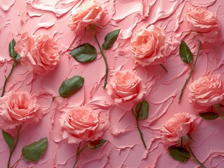 Bouquet of pink roses with frosting on pink background for beautiful celebration concept