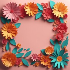 A vibrant wreath composed of paper cutout flowers and leaves