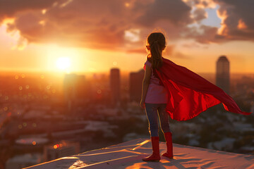 A girl, donned in a red superhero cape, stands overlooking the city - obrazy, fototapety, plakaty