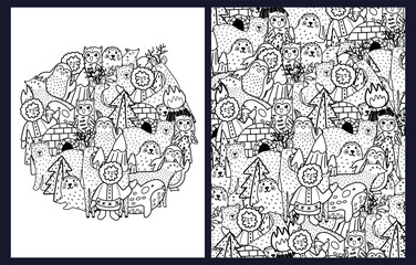 Arctic animals coloring pages set. Black and white collection with funny templates with polar animals penguin, seal, owl, fox, deer, bear, orca, Inuit. Outline background. Vector illustration