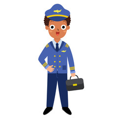 Cute boy pilot in cartoon style. Funny kid in aircraft captain uniform isolated on white background. Learning professions clipart for school and preschool. Vector illustration