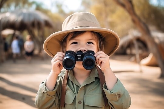 Little asian girl in hat with binoculars in the park