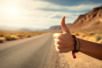 female hand with thumb up, hitchhiking on the background of the road