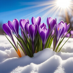 Crocuses and snowdrops on a background of snow